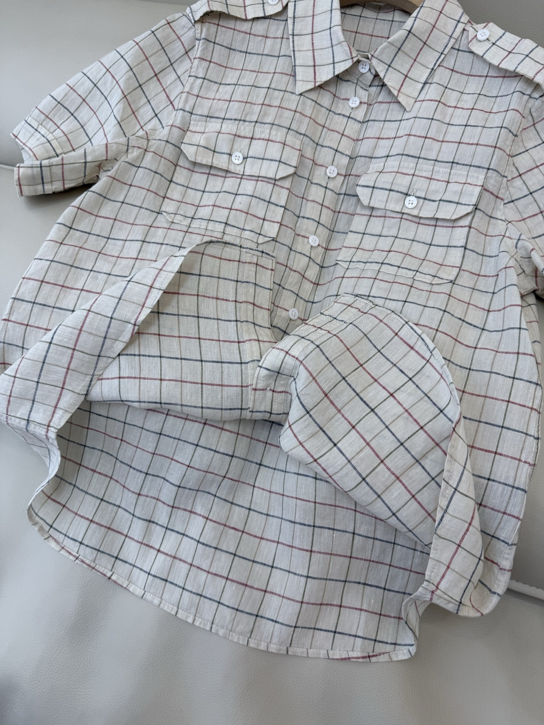 QGL042#新款衬衫💕LP 超好品质 100% 亚麻 格纹 衬衫 短袖 米色36/38/40