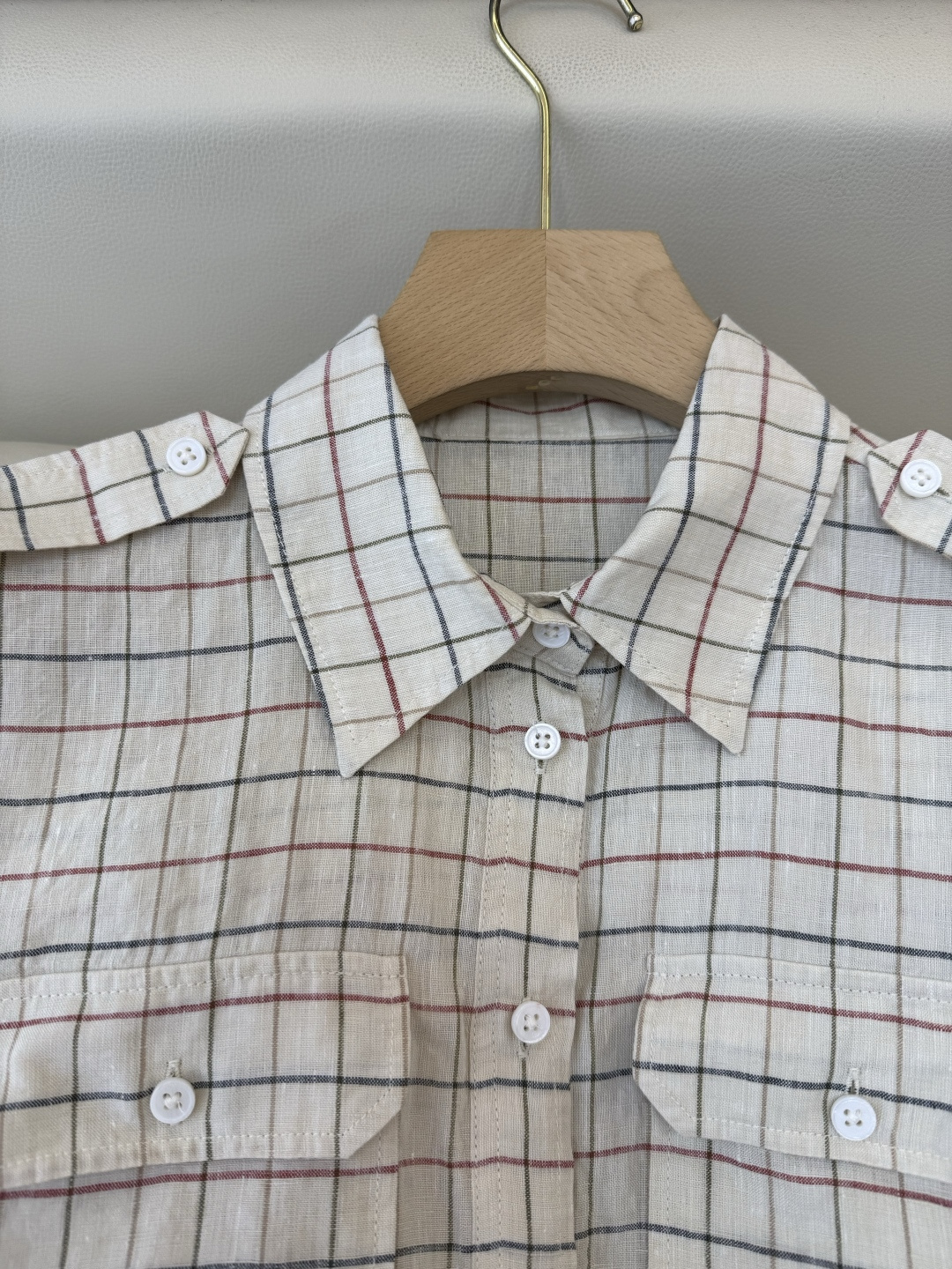 QGL042#新款衬衫💕LP 超好品质 100% 亚麻 格纹 衬衫 短袖 米色36/38/40