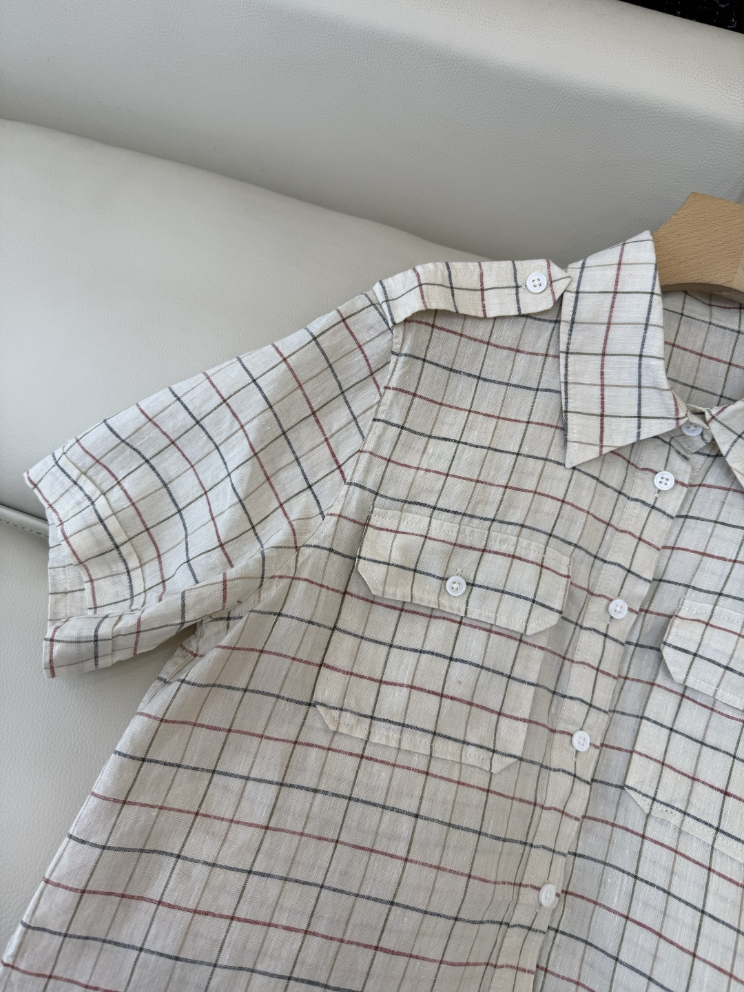 QGL042#新款衬衫💕LP 超好品质 100% 亚麻 格纹 衬衫 短袖 米色36/38/40