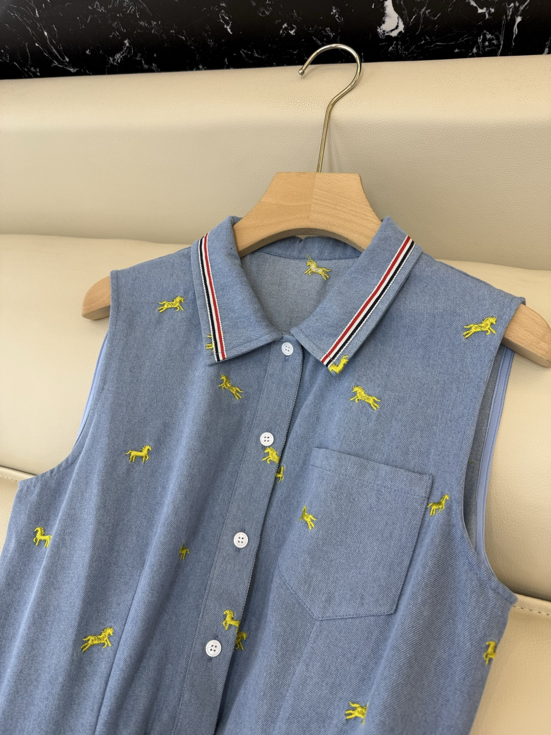 AW031#新款连衣裙P‼️TB 绣花小马 牛仔棉 无袖连衣裙 深蓝色 浅蓝色 SML