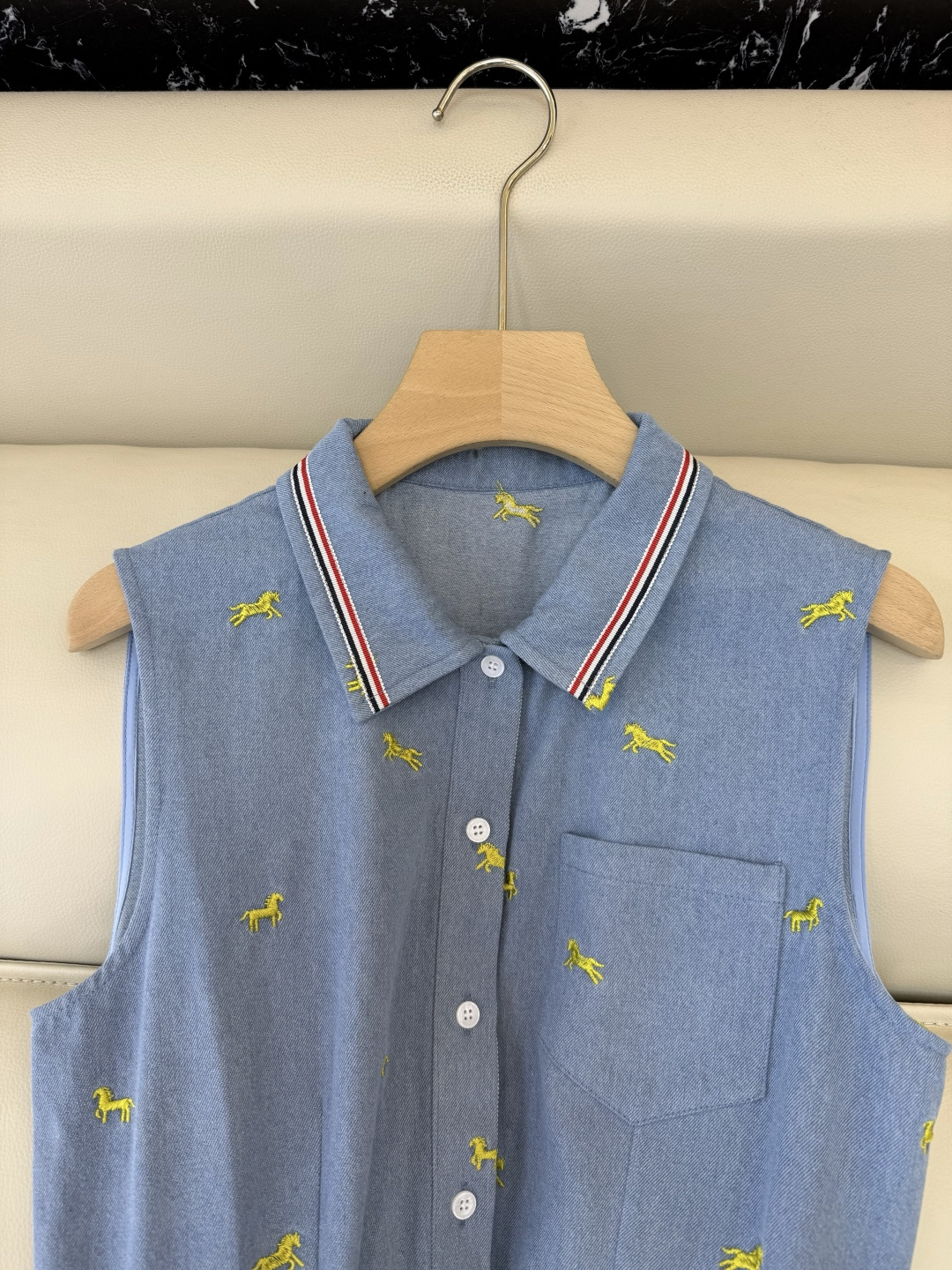 AW031#新款连衣裙P‼️TB 绣花小马 牛仔棉 无袖连衣裙 深蓝色 浅蓝色 SML