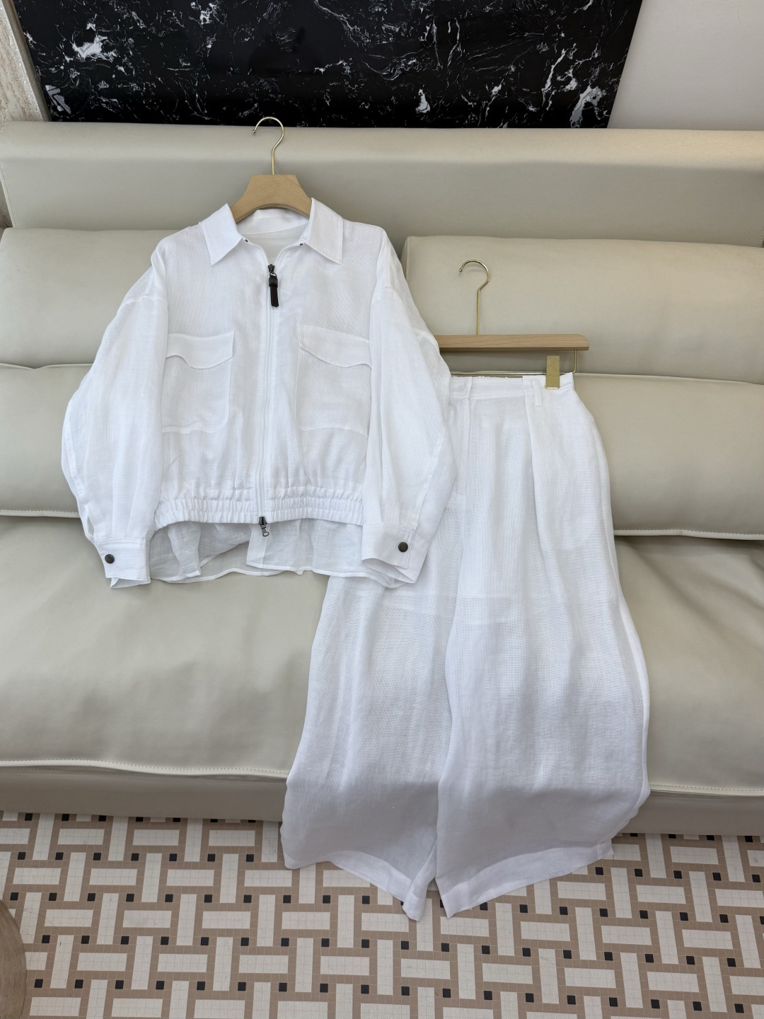 QGL045#新款套装🌾BC 100% 亚麻 长袖拉链外套➕长裤套装 白色 36/38/40