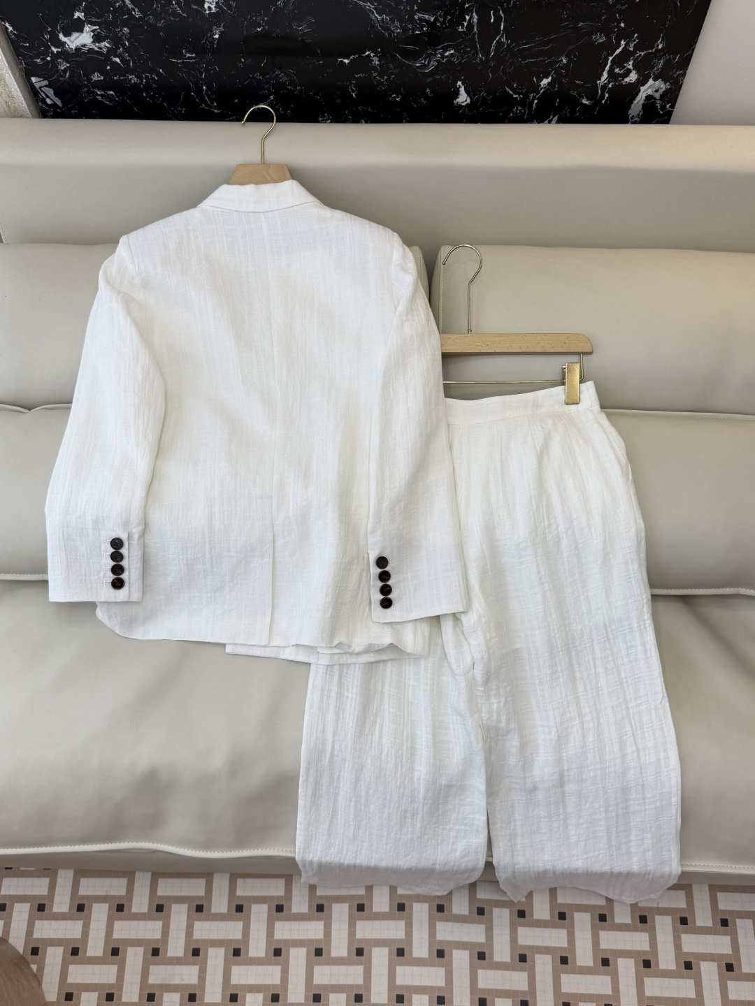 QX005#新款套装‼️极简风 100% 纯亚麻 长袖西装外套➕长裤套装 卡其色 白色 SMLXL