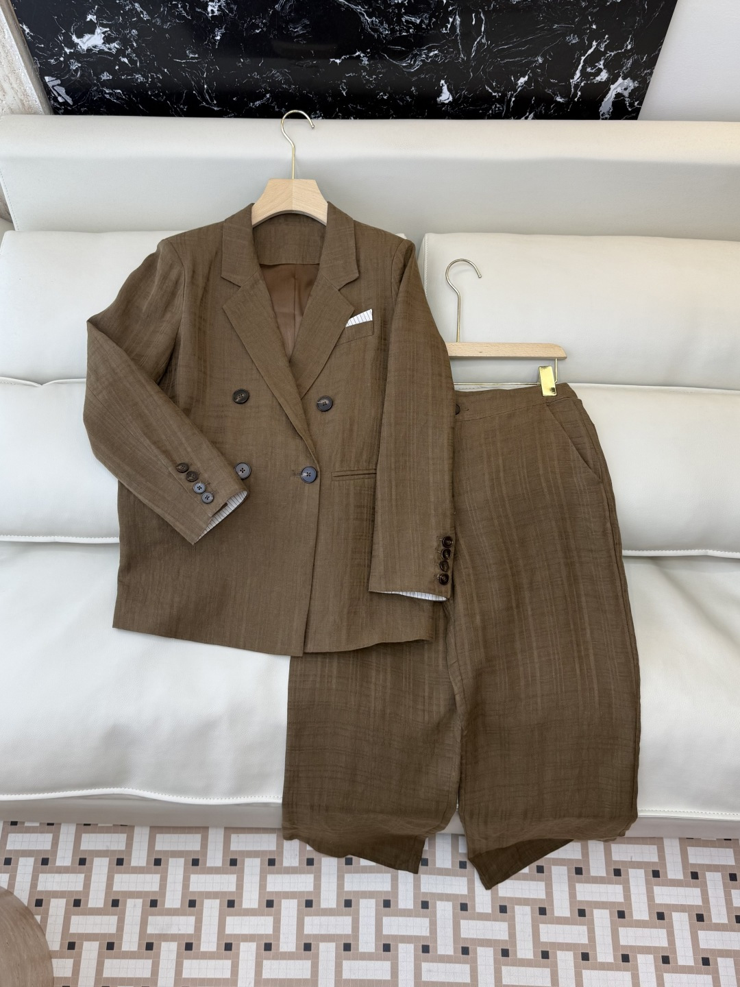 QX005#新款套装‼️极简风 100% 纯亚麻 长袖西装外套➕长裤套装 卡其色 白色 SMLXL