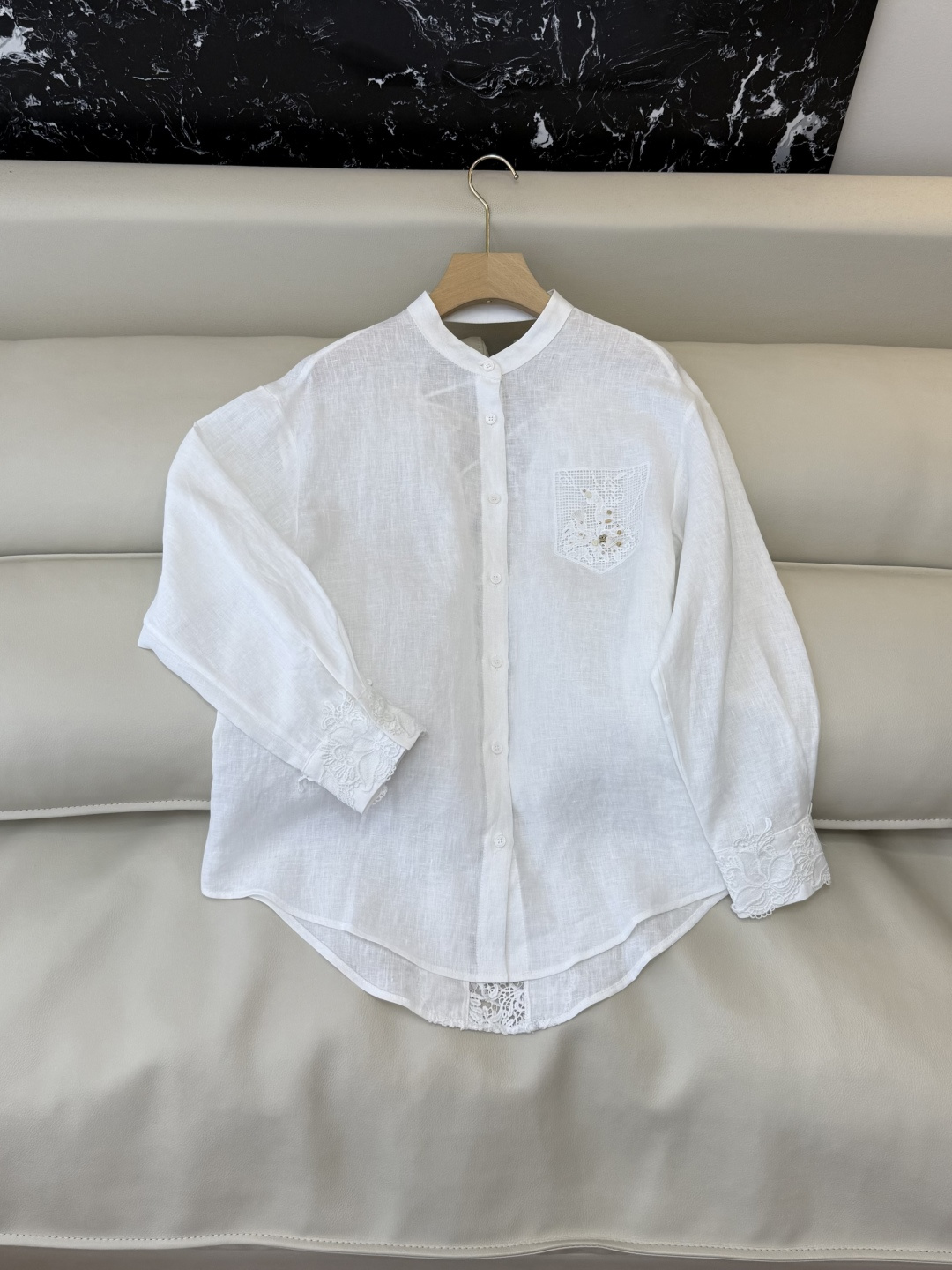 XM011#新款衬衫‼️后背露肩 水溶蕾丝 100% 亚麻 长袖衬衫 白色 蓝色 SMLXL