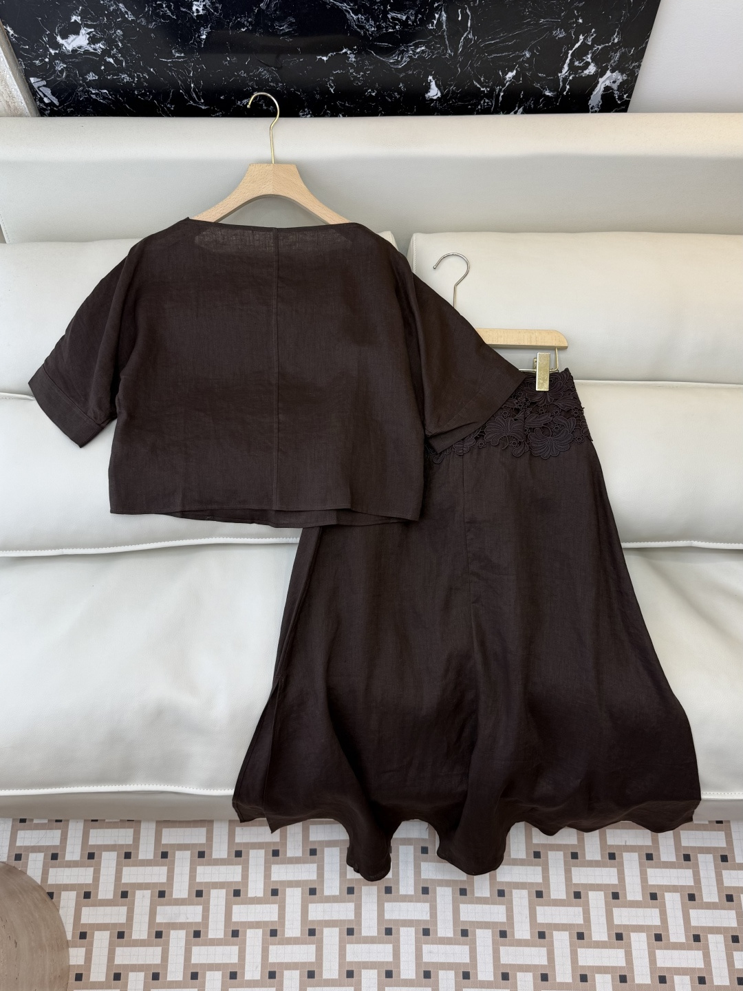 XM015#新款套装。ES 风格 100% 麻 短袖上衣➕绣花长半裙 套装 咖色 白色 SMLXL