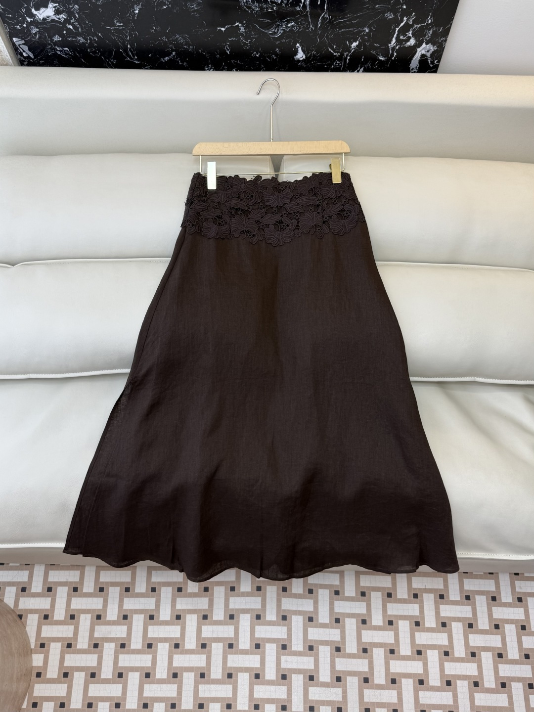 XM015#新款套装。ES 风格 100% 麻 短袖上衣➕绣花长半裙 套装 咖色 白色 SMLXL