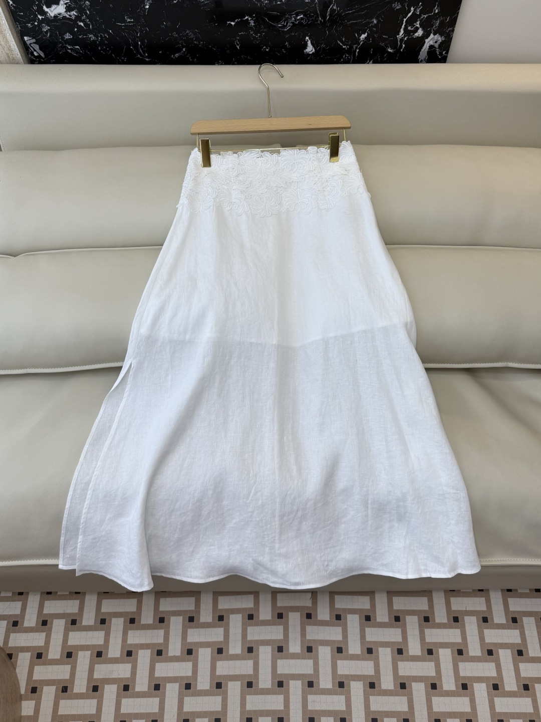 XM015#新款套装。ES 风格 100% 麻 短袖上衣➕绣花长半裙 套装 咖色 白色 SMLXL