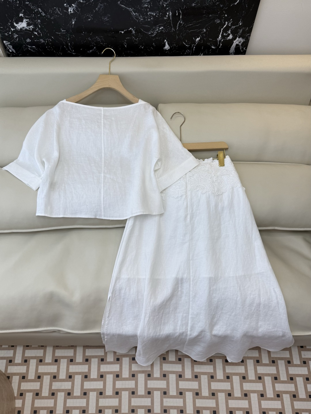 XM015#新款套装。ES 风格 100% 麻 短袖上衣➕绣花长半裙 套装 咖色 白色 SMLXL