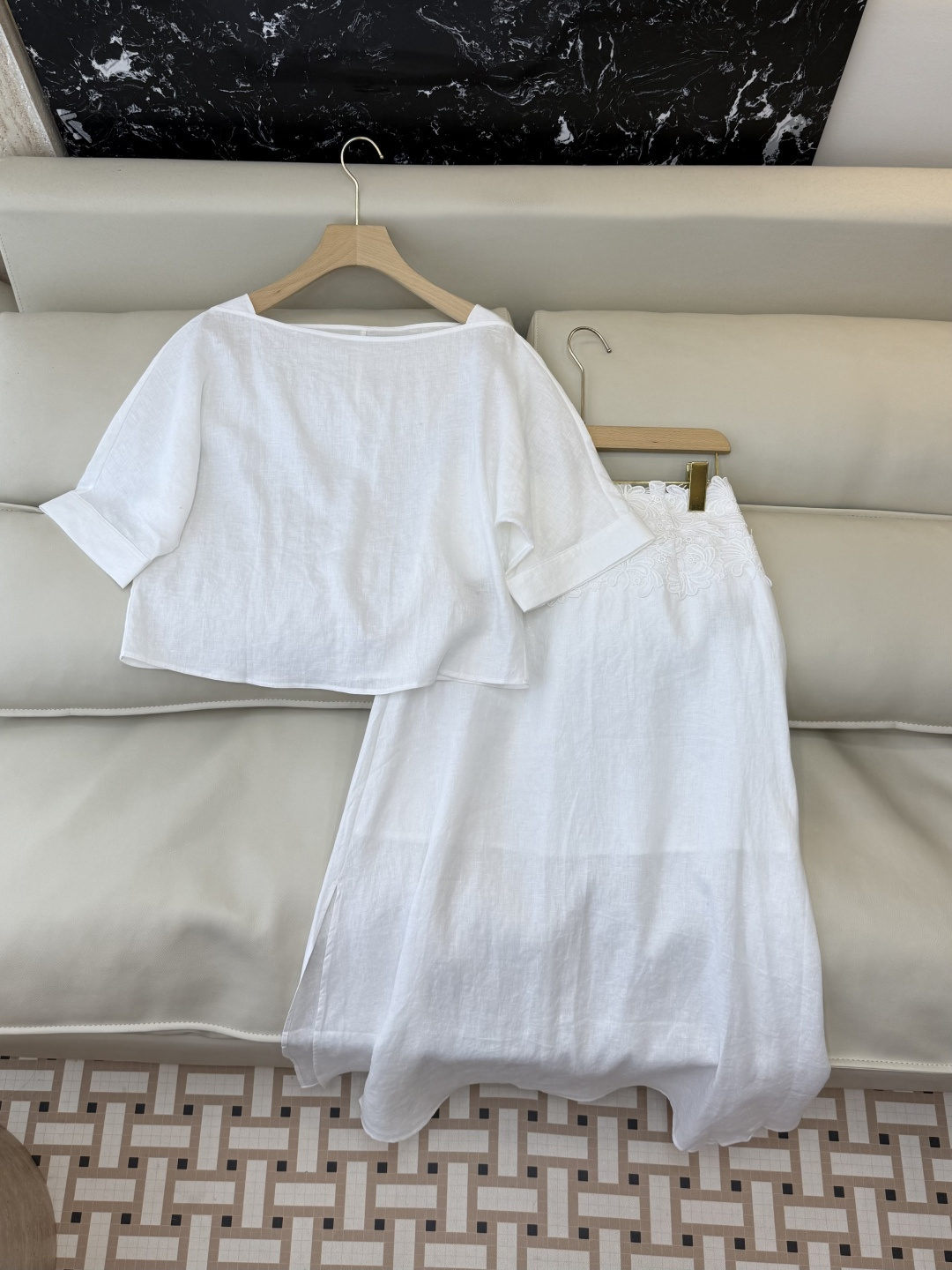 XM015#新款套装。ES 风格 100% 麻 短袖上衣➕绣花长半裙 套装 咖色 白色 SMLXL