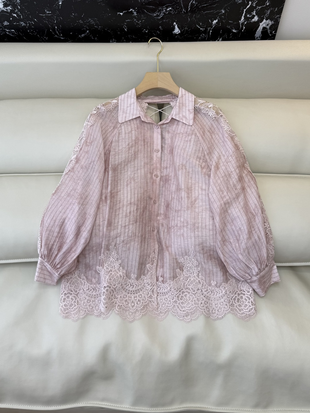 XZ0151#新款衬衫。长袖蕾丝绣花 后背镂空 染色 条纹长袖衬衫 粉色 蓝色 SM LXL