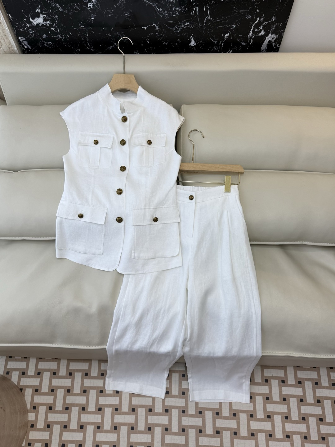 XZ097#新款套装。LP 超级大爆款100% 亚麻 无袖马甲➕长裤 套装 白色 SMLXL