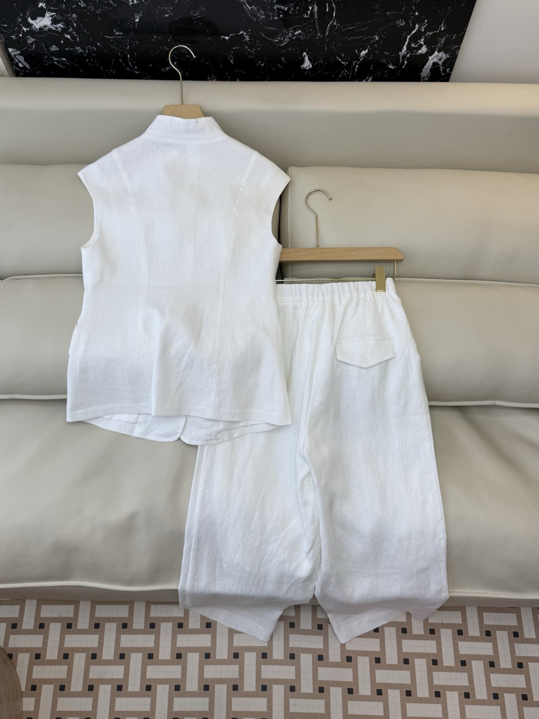XZ097#新款套装。LP 超级大爆款100% 亚麻 无袖马甲➕长裤 套装 白色 SMLXL