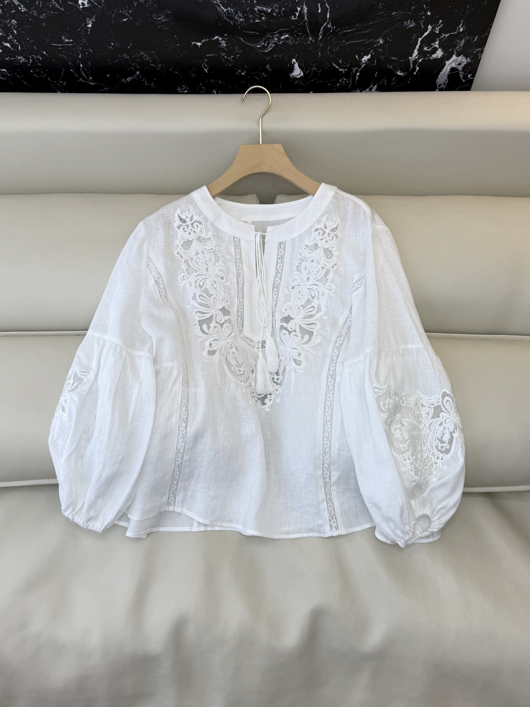 XZ0156#新款衬衫。zimm 镂空绣花 亚麻 长袖衬衫 白色 SM LXL