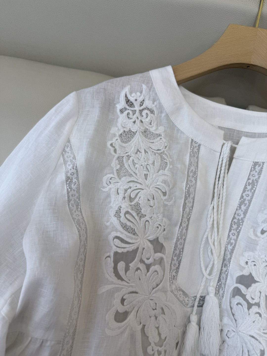XZ0156#新款衬衫。zimm 镂空绣花 亚麻 长袖衬衫 白色 SM LXL