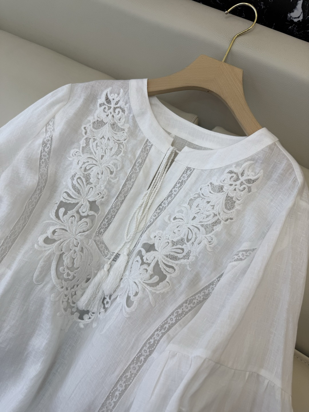 XZ0156#新款衬衫。zimm 镂空绣花 亚麻 长袖衬衫 白色 SM LXL