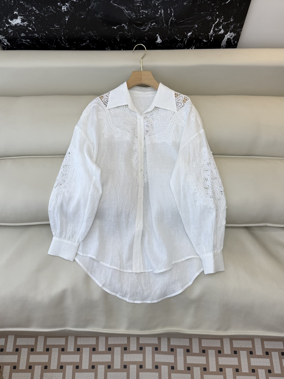 XZ0155#新款衬衫。zimm 镂空绣花 亚麻 长袖衬衫 白色 SM LXL