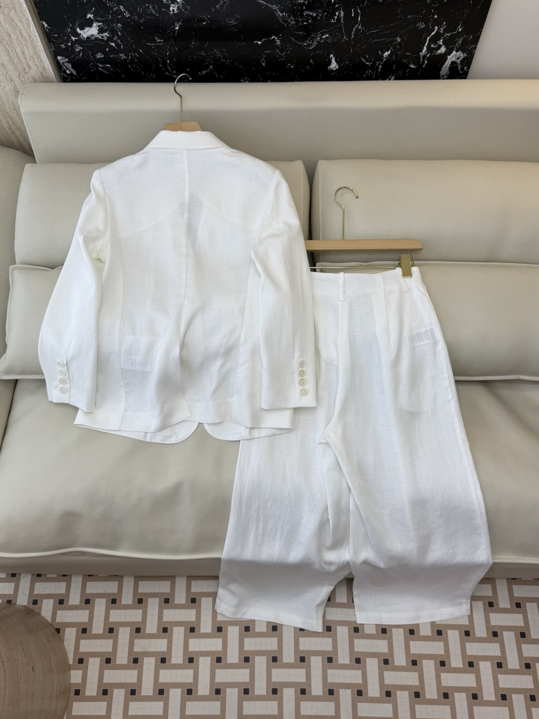 XZ0116#新款套装。劳夫劳伦 超级大爆款 30% 亚麻 70% 天丝西装外套➕长裤 套装 杏色 白色