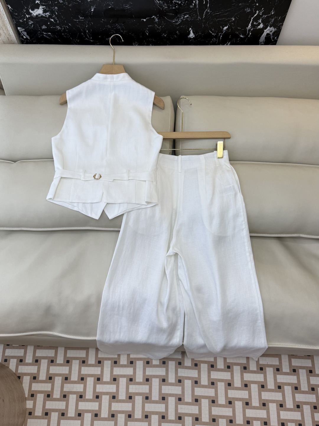 XZ0120#新款套装。劳夫劳伦 超级大爆款 30% 亚麻 70% 天丝 马甲➕长裤 套装 杏色 白色 