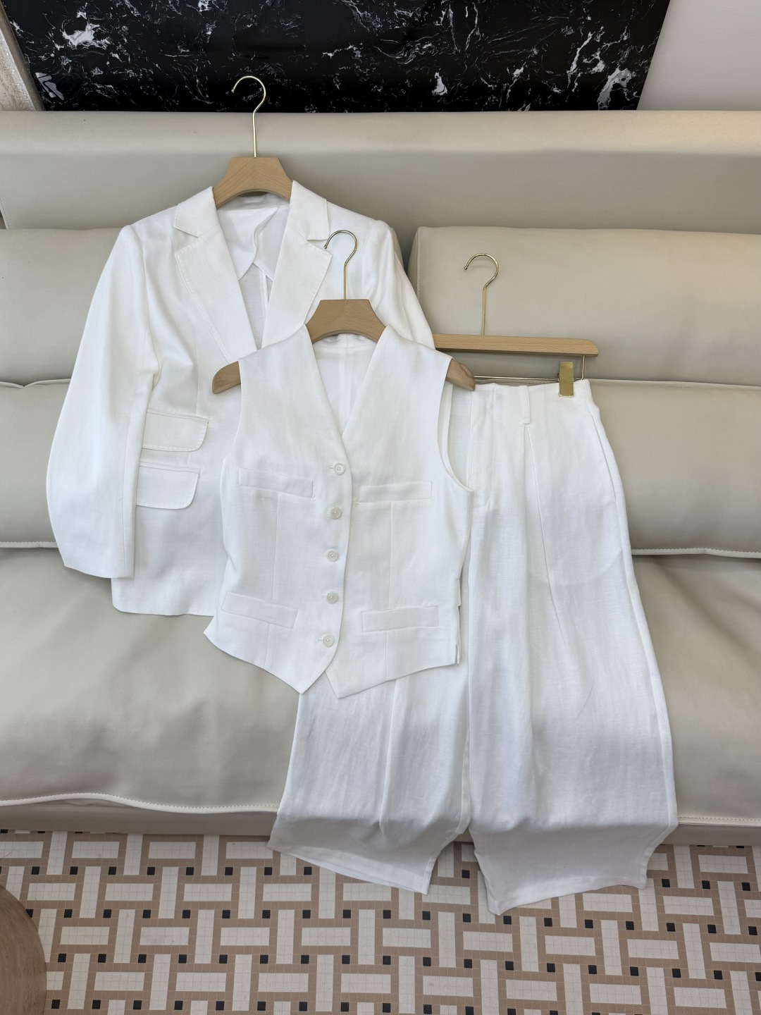 XZ095#新款套装。劳夫劳伦 超级大爆款 30% 亚麻 70% 天丝 长袖西装外套➕马甲➕长裤 三件套