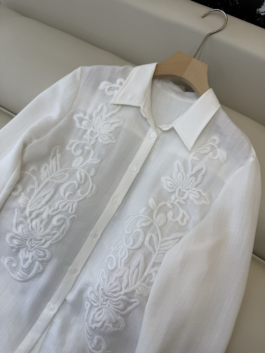 XZ0152#新款衬衫。zimm 立体绣花 30% 亚麻 长袖衬衫 粉色 白色 SM LXL