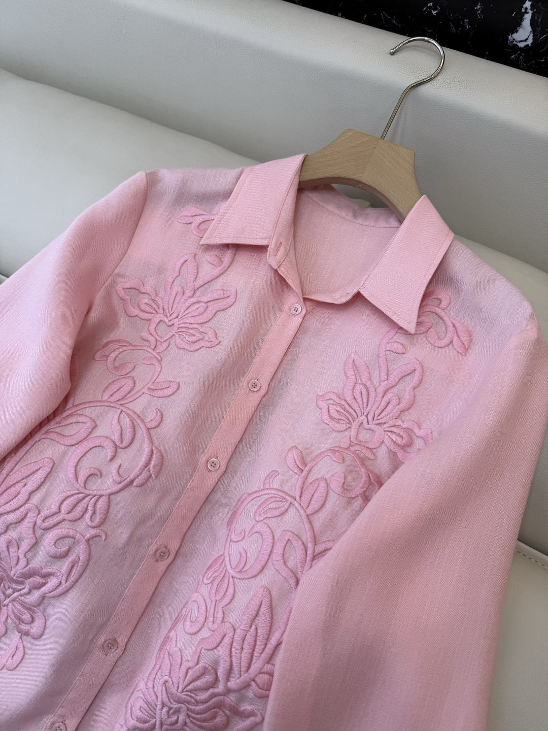 XZ0152#新款衬衫。zimm 立体绣花 30% 亚麻 长袖衬衫 粉色 白色 SM LXL