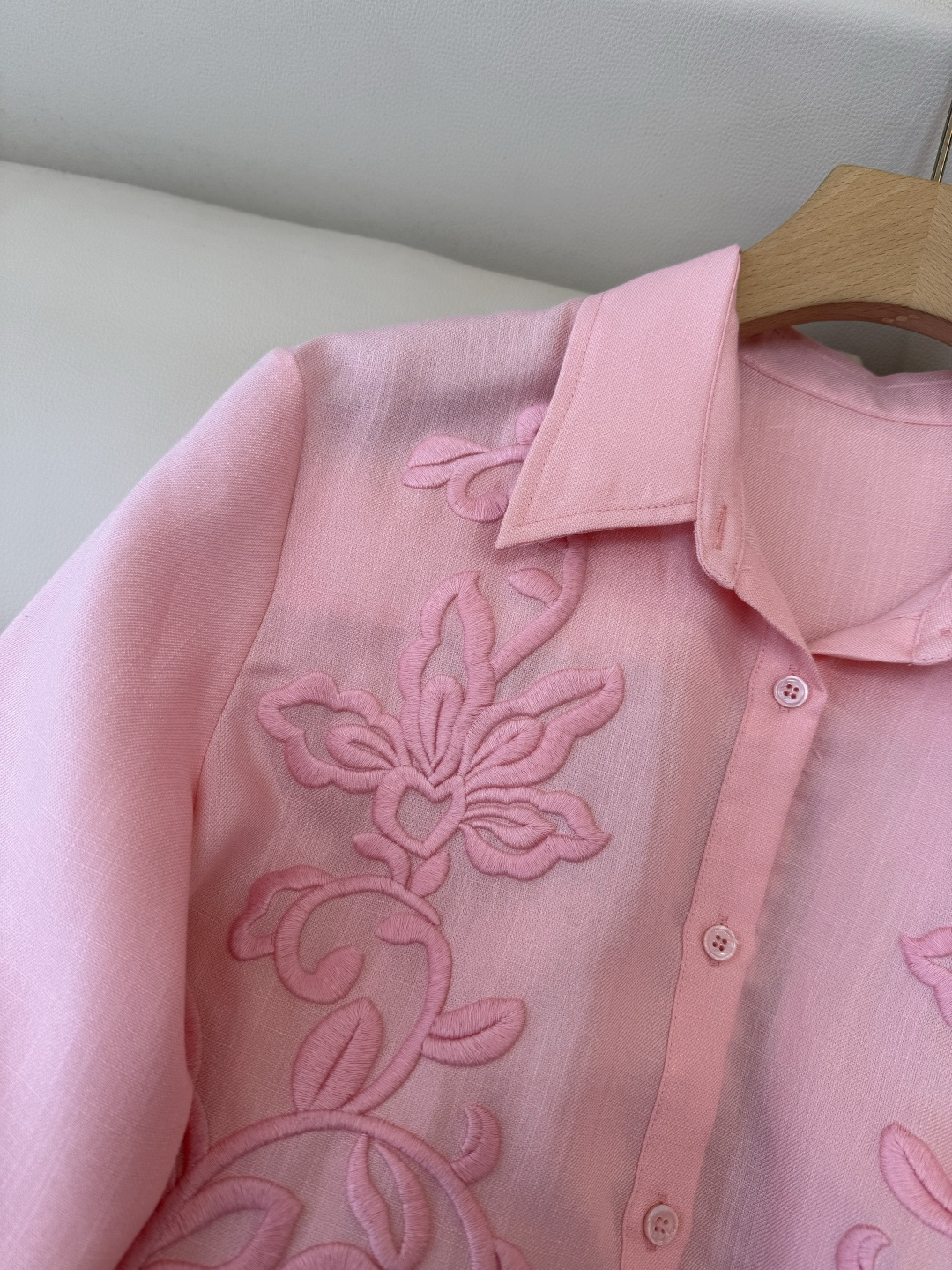 XZ0152#新款衬衫。zimm 立体绣花 30% 亚麻 长袖衬衫 粉色 白色 SM LXL