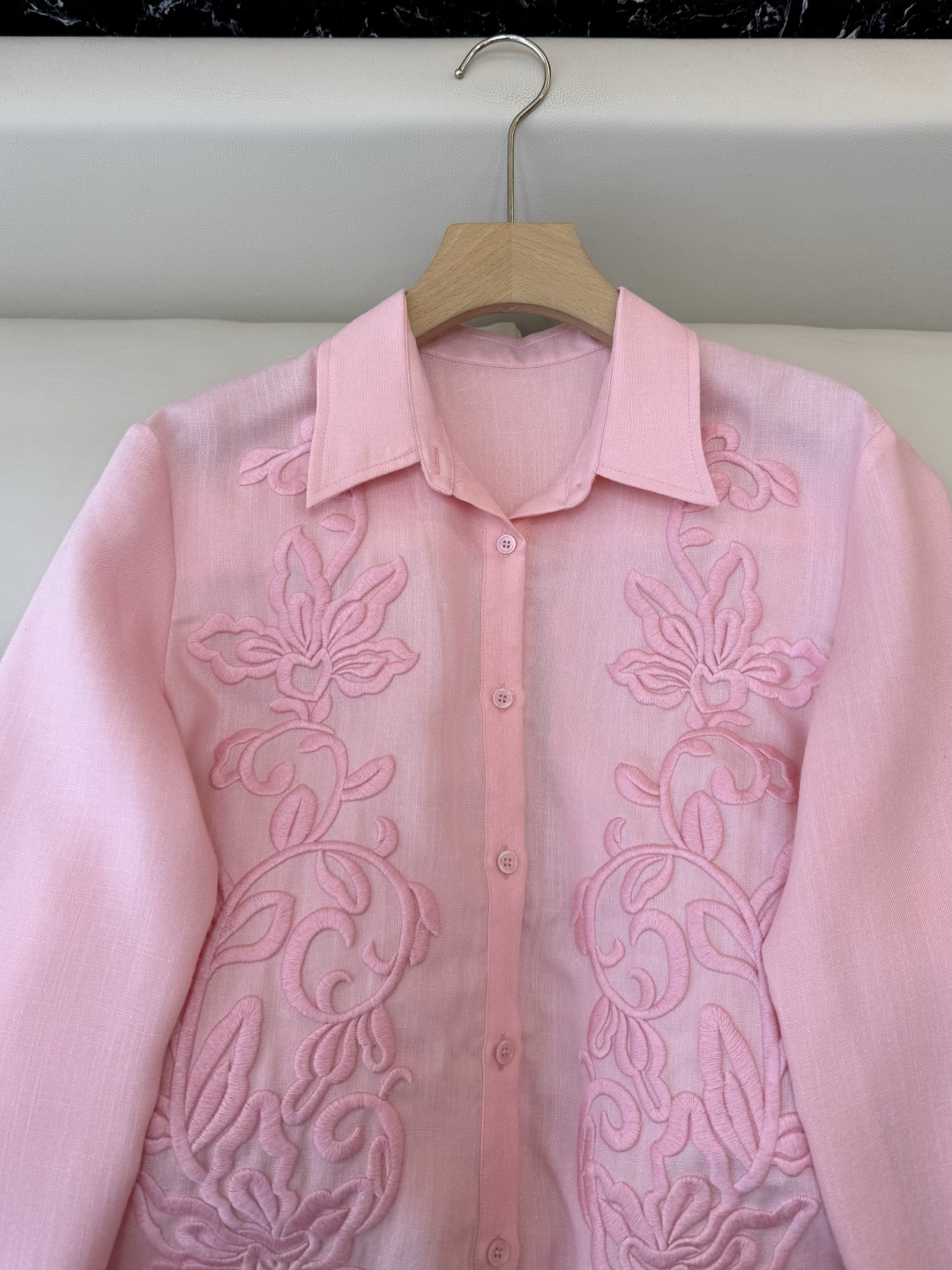 XZ0152#新款衬衫。zimm 立体绣花 30% 亚麻 长袖衬衫 粉色 白色 SM LXL