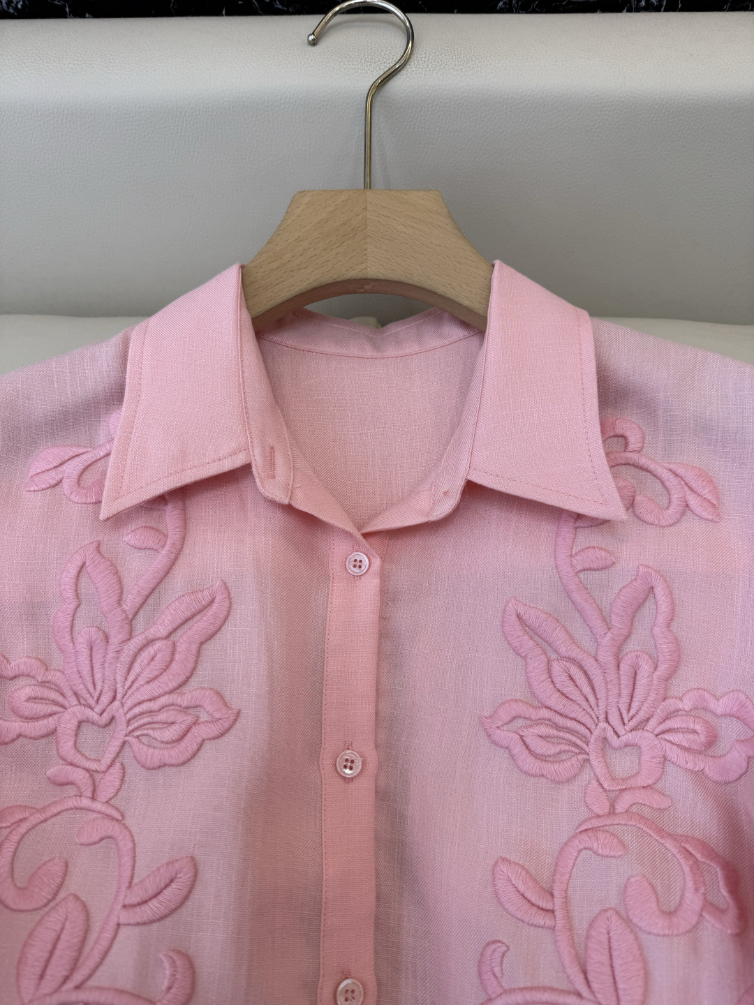 XZ0152#新款衬衫。zimm 立体绣花 30% 亚麻 长袖衬衫 粉色 白色 SM LXL