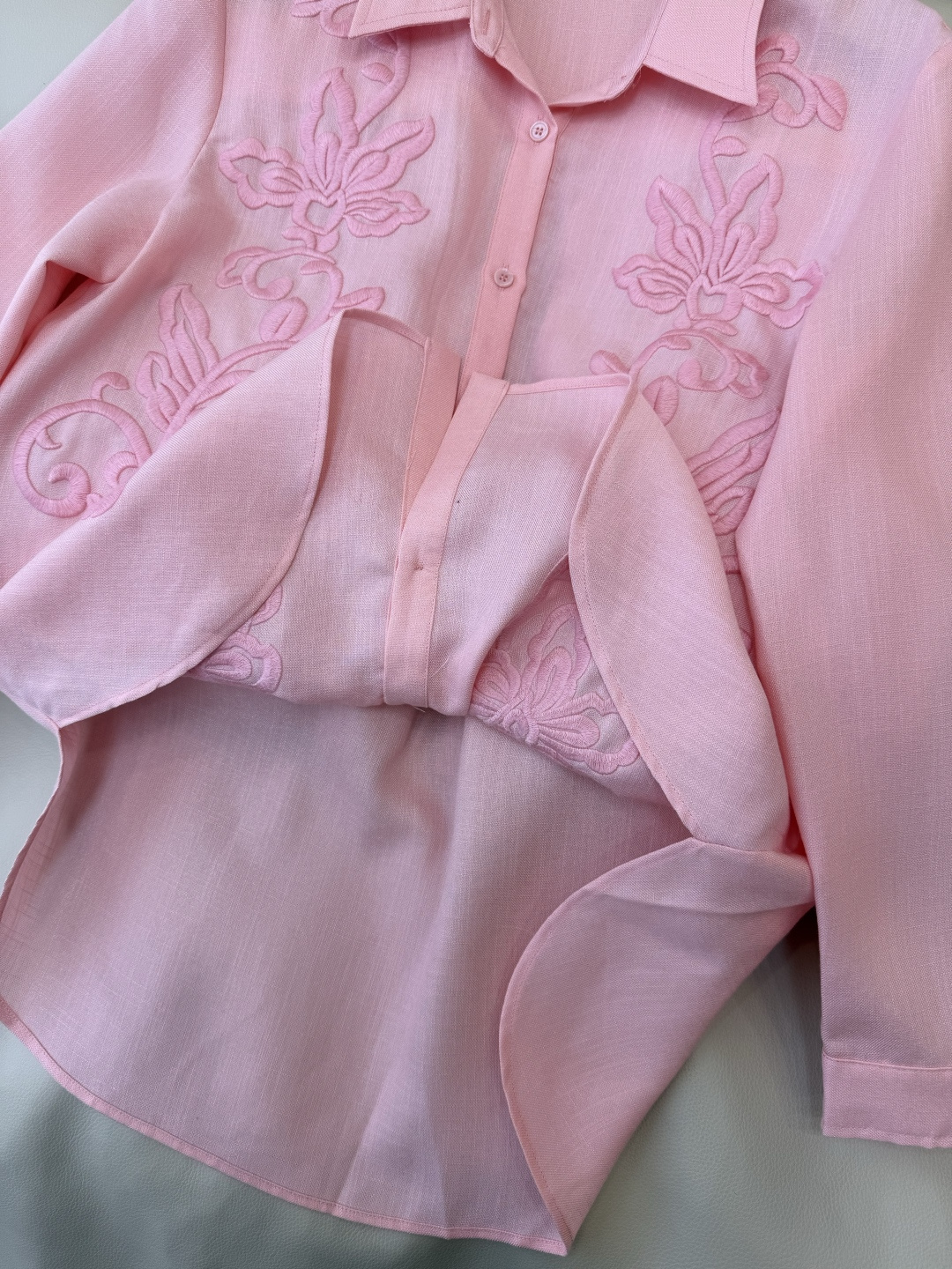 XZ0152#新款衬衫。zimm 立体绣花 30% 亚麻 长袖衬衫 粉色 白色 SM LXL