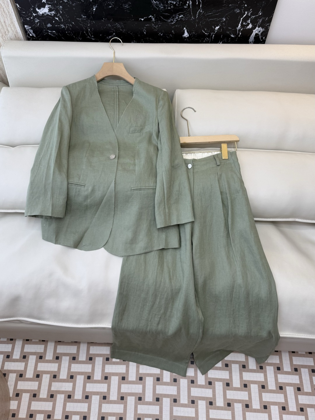 XZ0160#新款套装。BC 超级大爆款 100% 亚麻 西装外套➕长裤 套装 绿色 白色 SMLXL