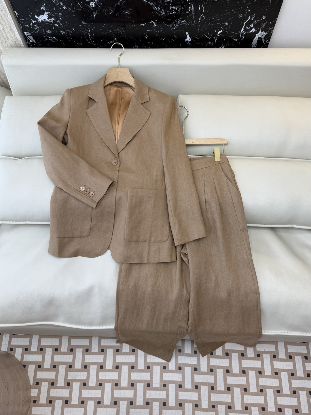 XZ0162#新款套装。超级大爆款 100% 亚麻 西装外套➕长裤 套装 杏色 白色 SMLXL