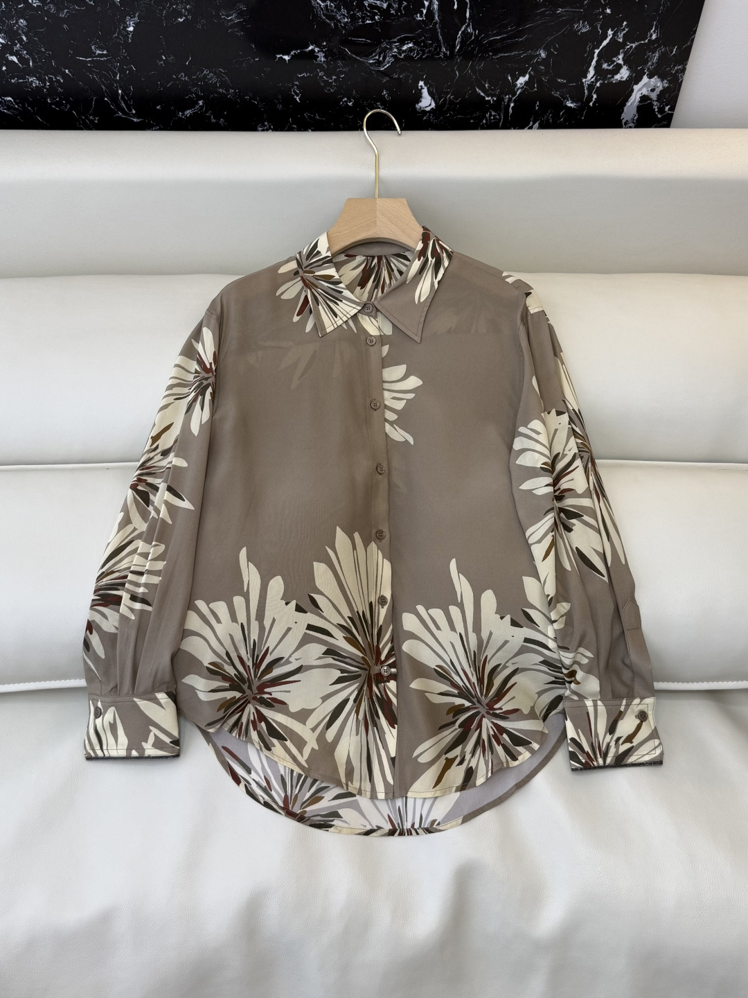 BS1141#新款衬衫。BC 顶级版 100% 真丝印花 长袖衬衫 咖色 米色 36/38/40/42