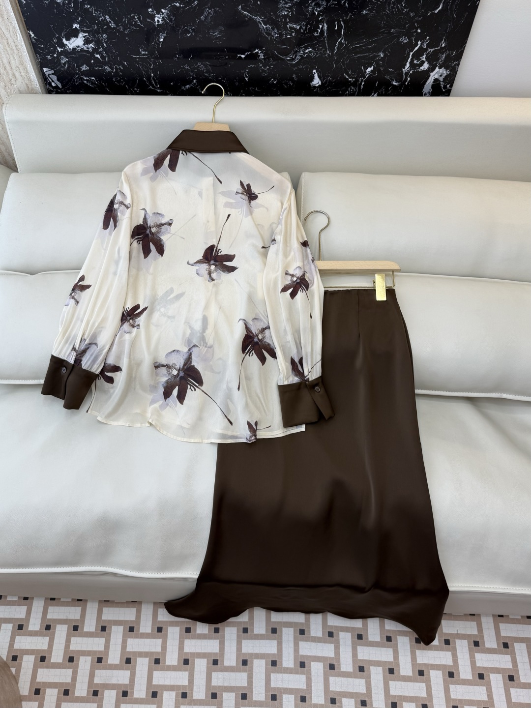 XF073#新款套装‼️水墨印花长袖衬衫➕长半裙 套装 SMLXL XXL