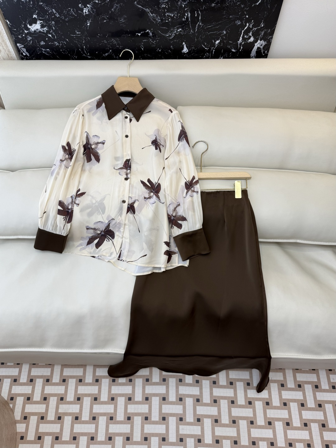 XF073#新款套装‼️水墨印花长袖衬衫➕长半裙 套装 SMLXL XXL