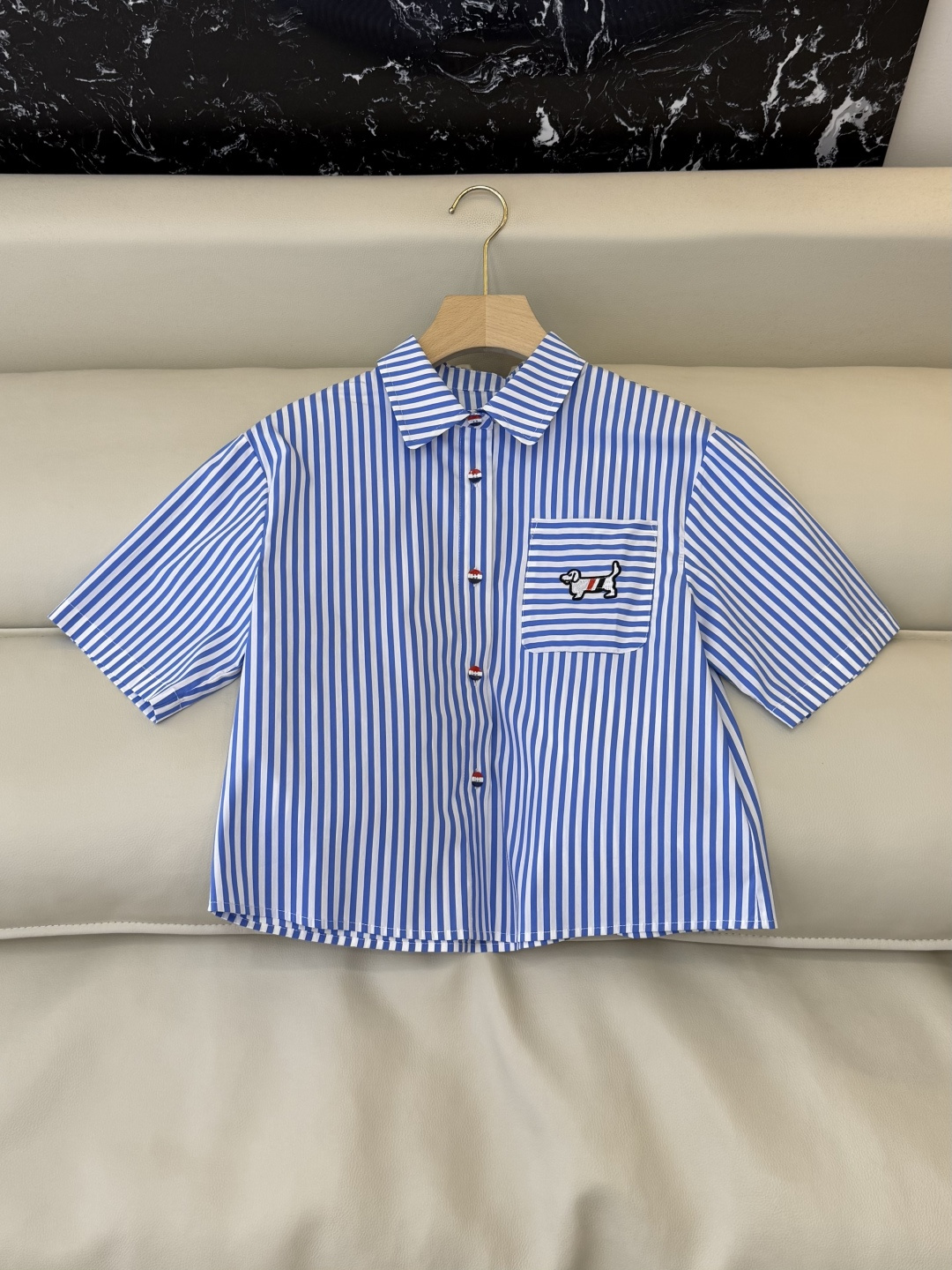 CY0121#新款衬衫。TB 小狗绣花 短袖条纹 衬衫 蓝色 粉色 SM L