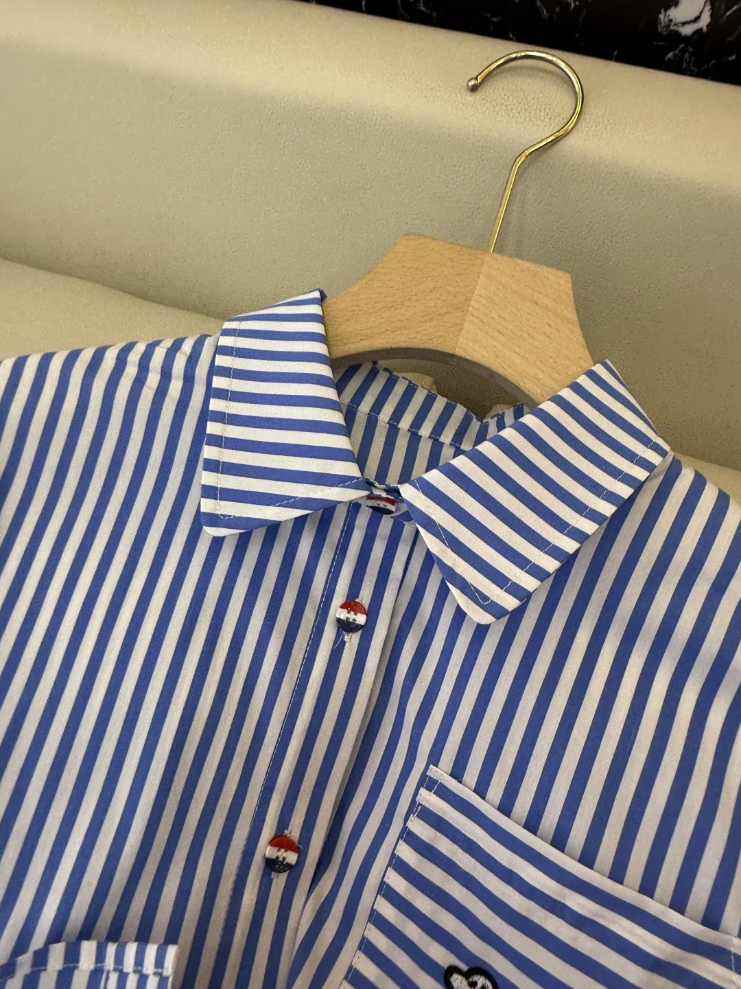 CY0121#新款衬衫。TB 小狗绣花 短袖条纹 衬衫 蓝色 粉色 SM L