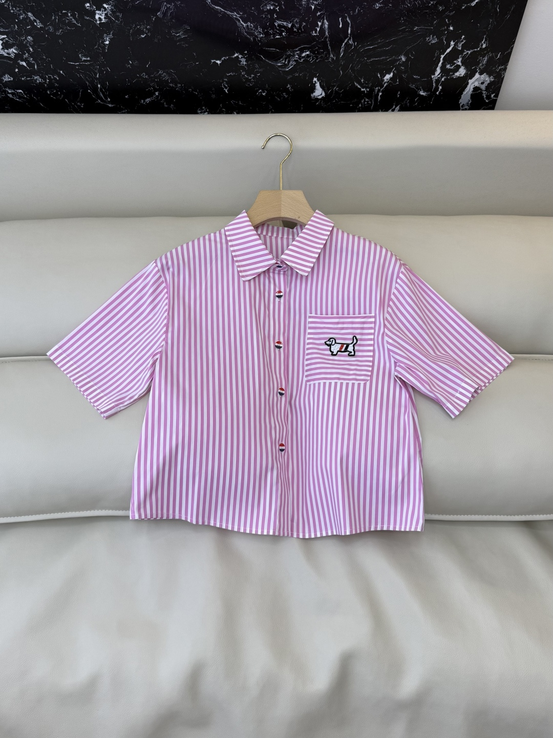 CY0121#新款衬衫。TB 小狗绣花 短袖条纹 衬衫 蓝色 粉色 SM L