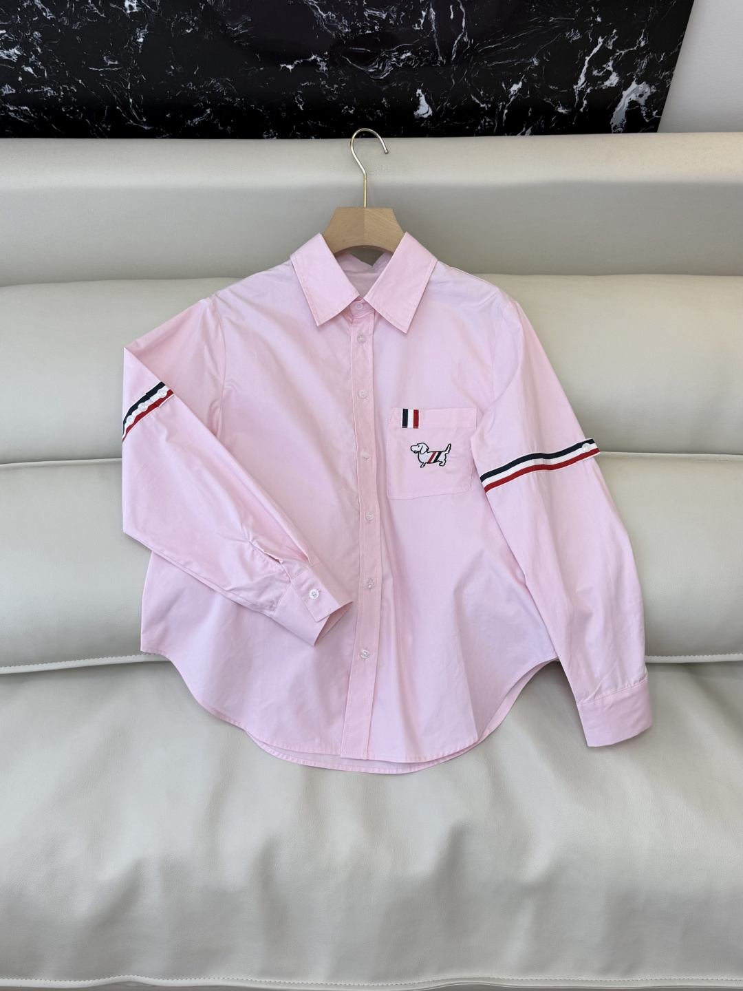 CY0123#新款衬衫。TB 小狗绣花 条纹袖长袖衬衫 白色 粉色 SM L