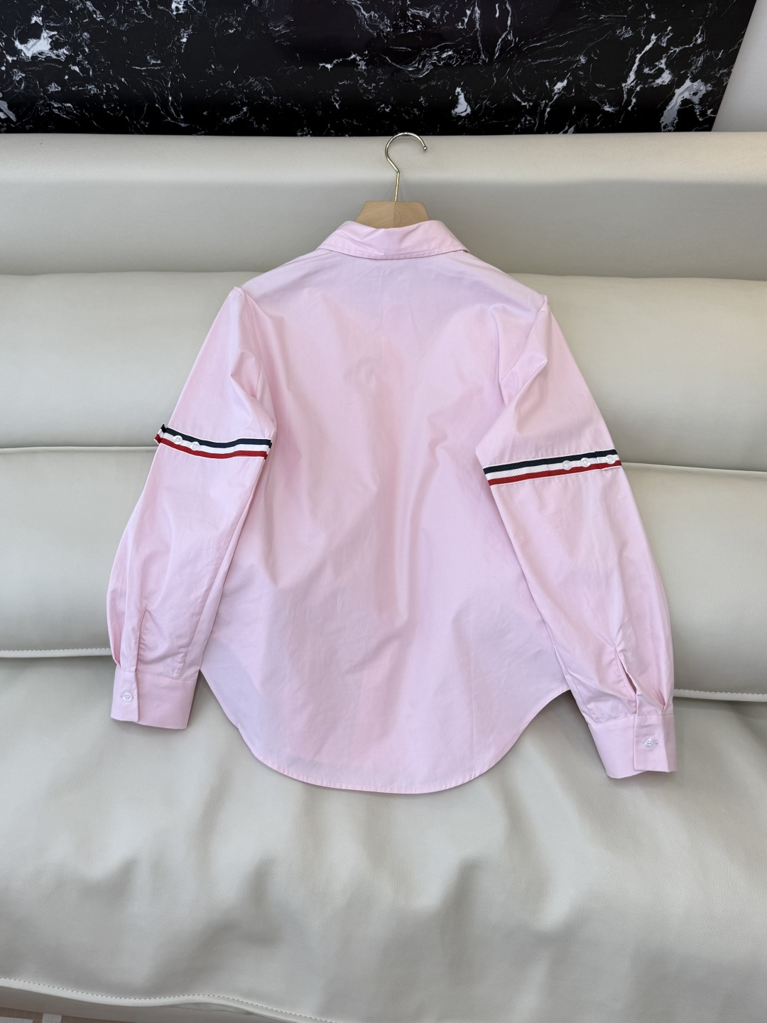 CY0123#新款衬衫。TB 小狗绣花 条纹袖长袖衬衫 白色 粉色 SM L