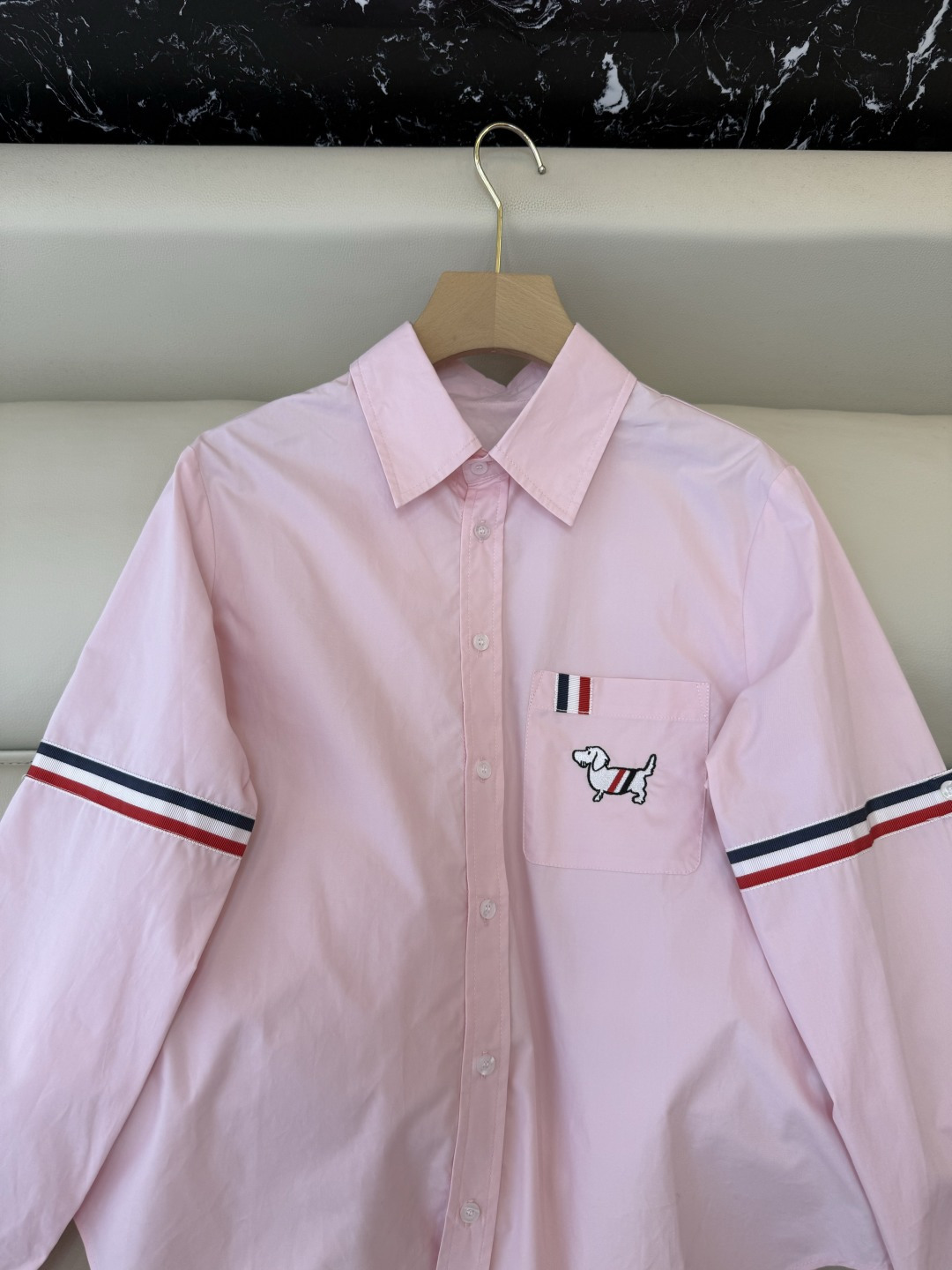 CY0123#新款衬衫。TB 小狗绣花 条纹袖长袖衬衫 白色 粉色 SM L