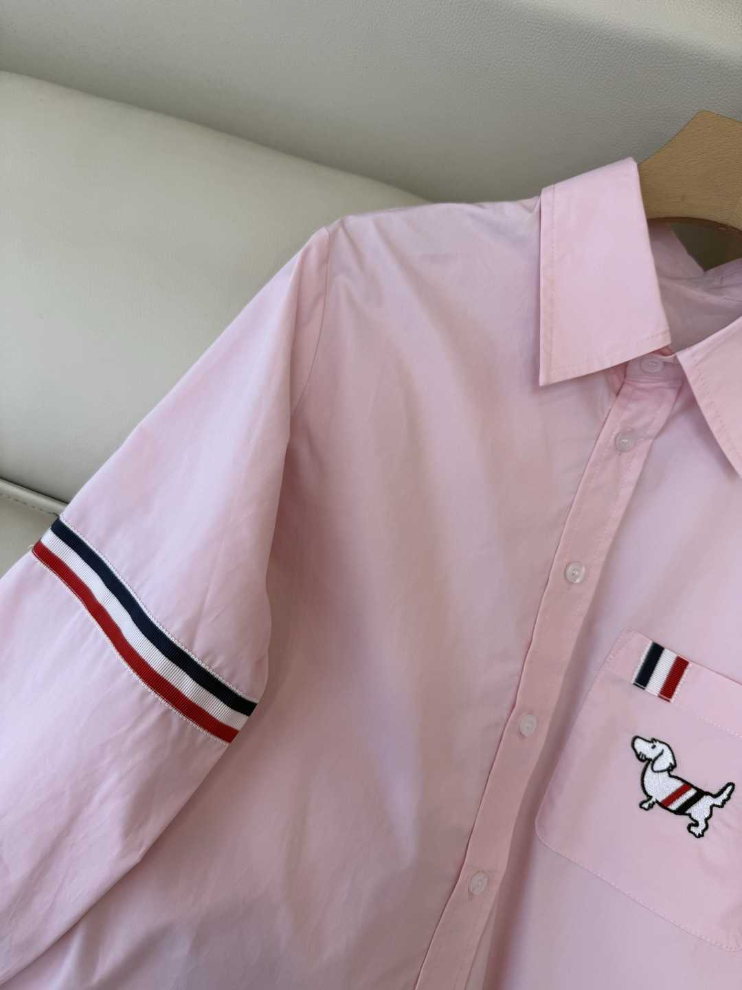 CY0123#新款衬衫。TB 小狗绣花 条纹袖长袖衬衫 白色 粉色 SM L