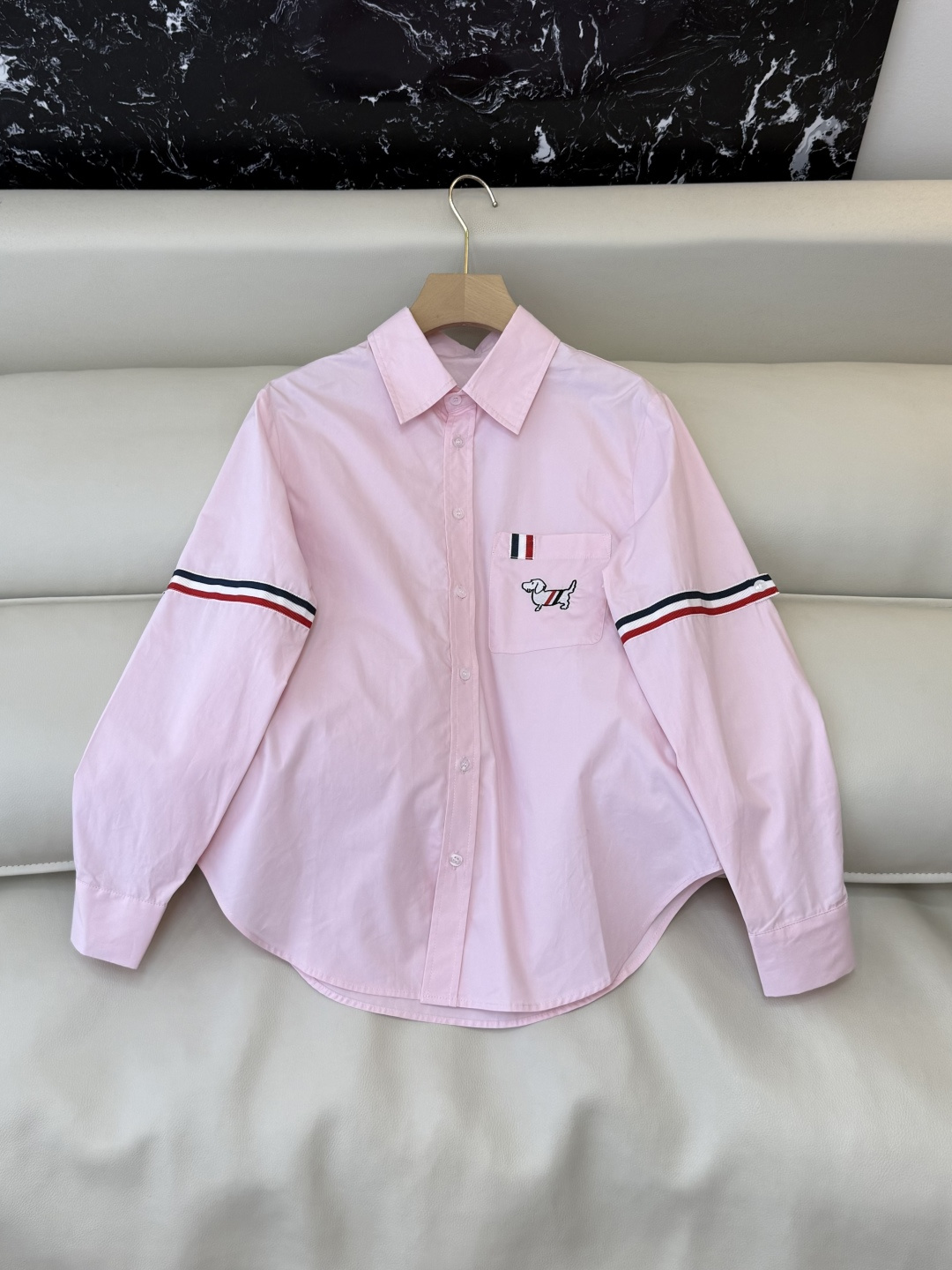 CY0123#新款衬衫。TB 小狗绣花 条纹袖长袖衬衫 白色 粉色 SM L