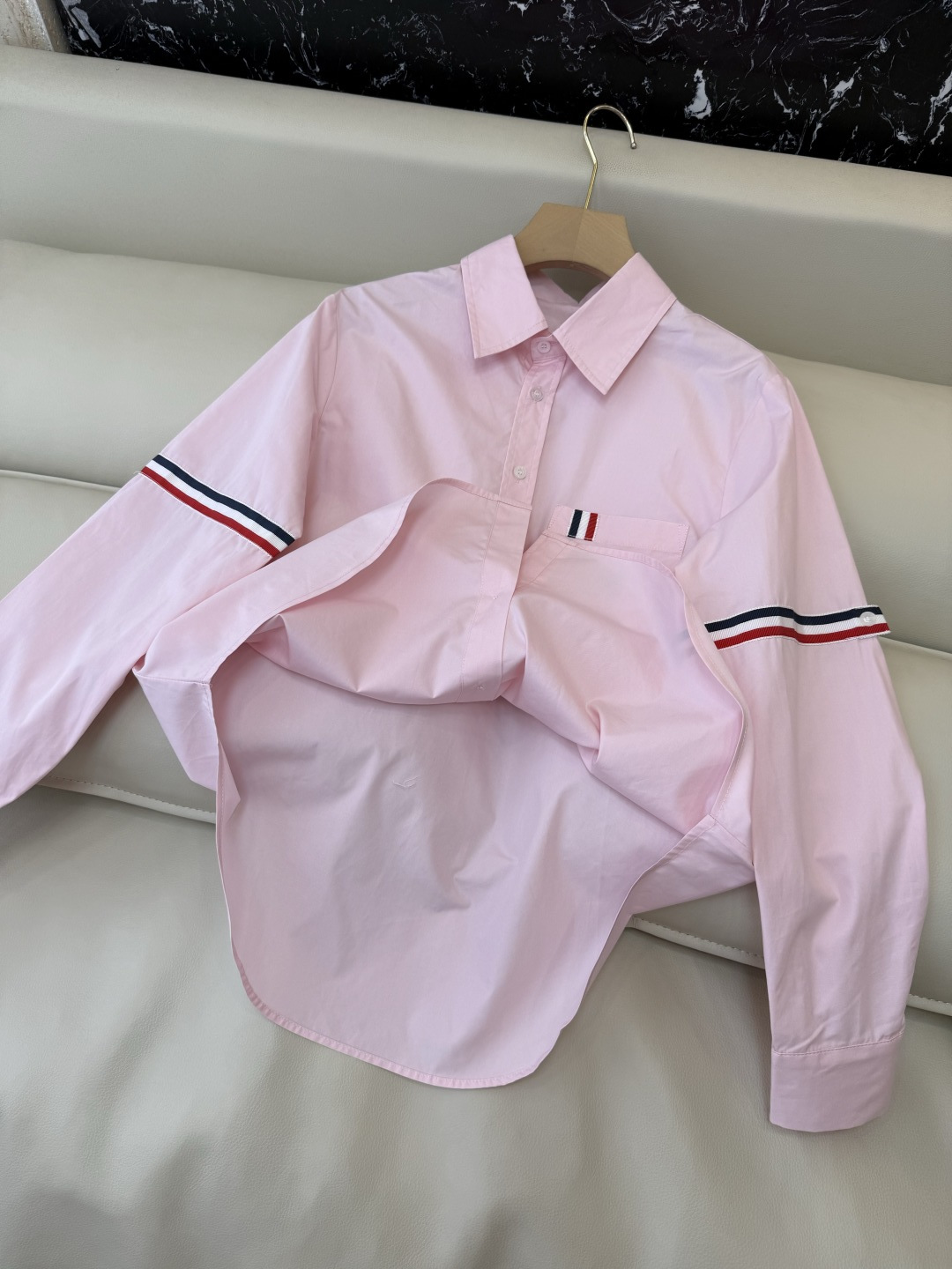 CY0123#新款衬衫。TB 小狗绣花 条纹袖长袖衬衫 白色 粉色 SM L