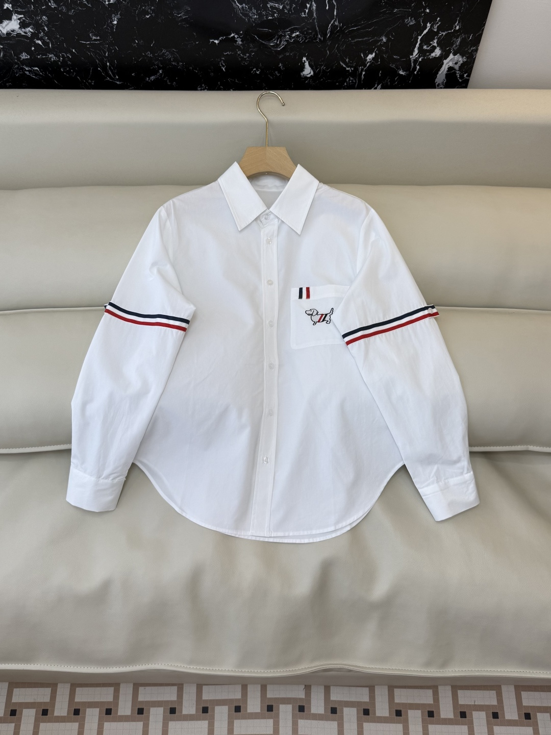 CY0123#新款衬衫。TB 小狗绣花 条纹袖长袖衬衫 白色 粉色 SM L