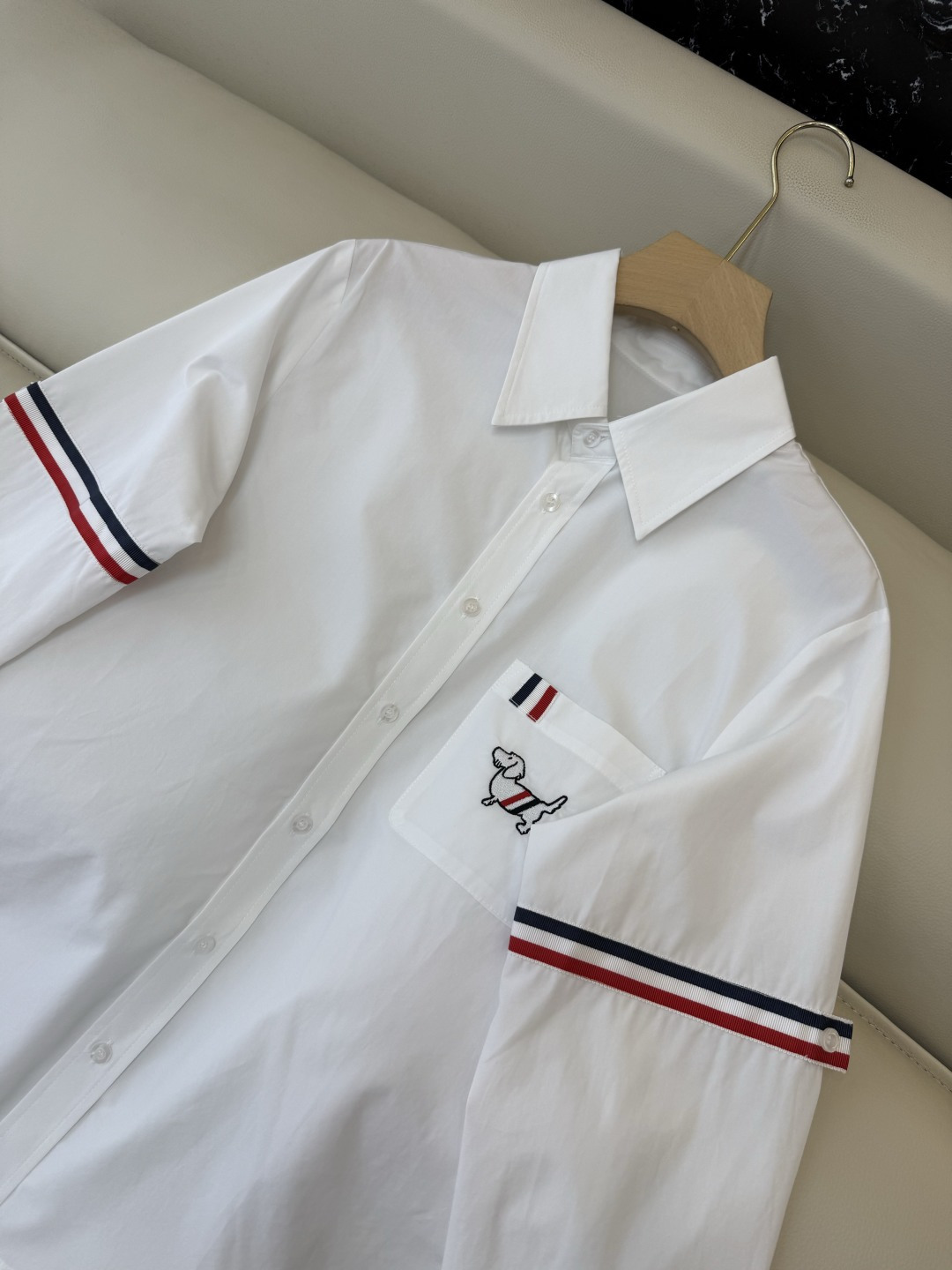 CY0123#新款衬衫。TB 小狗绣花 条纹袖长袖衬衫 白色 粉色 SM L