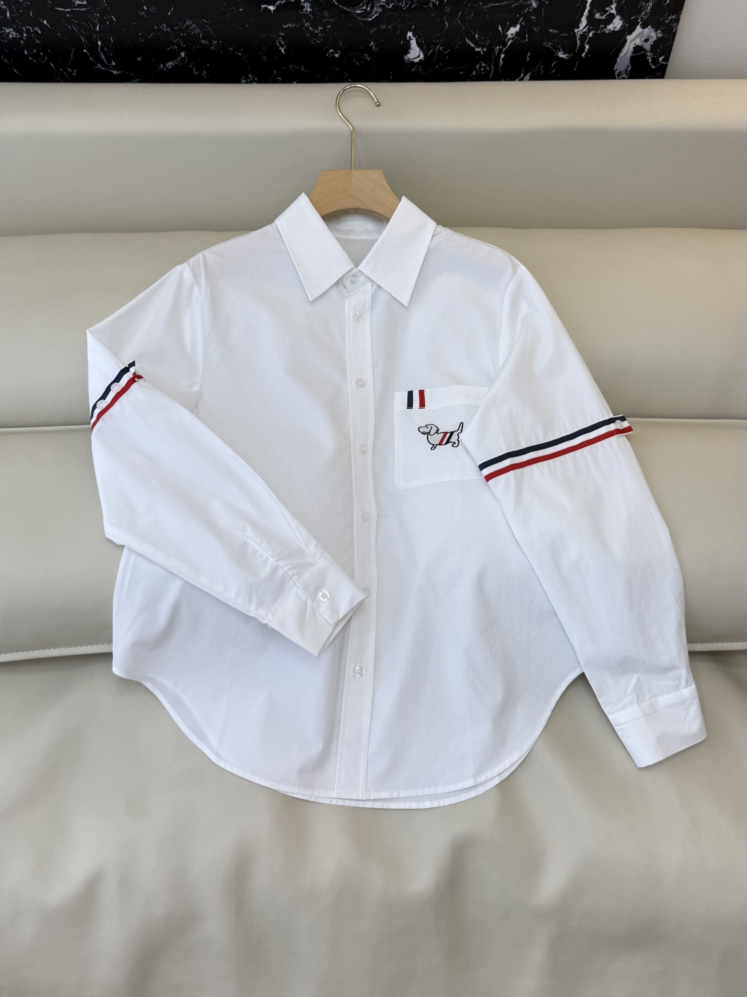 CY0123#新款衬衫。TB 小狗绣花 条纹袖长袖衬衫 白色 粉色 SM L