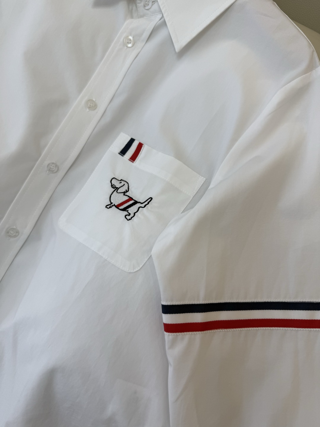 CY0123#新款衬衫。TB 小狗绣花 条纹袖长袖衬衫 白色 粉色 SM L