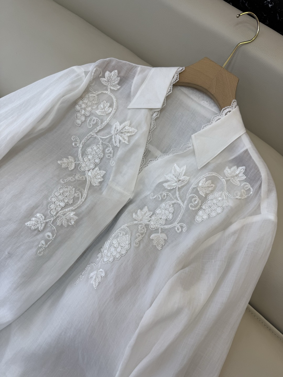 BS1160#新款衬衫。zimm 重工绣花珠片 100% 苎麻 蕾丝长袖衬衫 白色 SMLX L