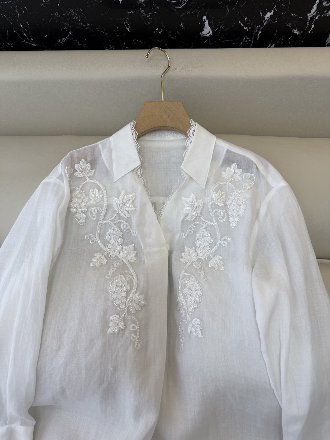 BS1160#新款衬衫。zimm 重工绣花珠片 100% 苎麻 蕾丝长袖衬衫 白色 SMLX L